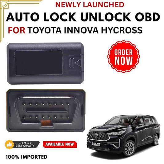Advertisement for auto lock unlock OBD device for Toyota Innova Hycross with product and car image on a white background.