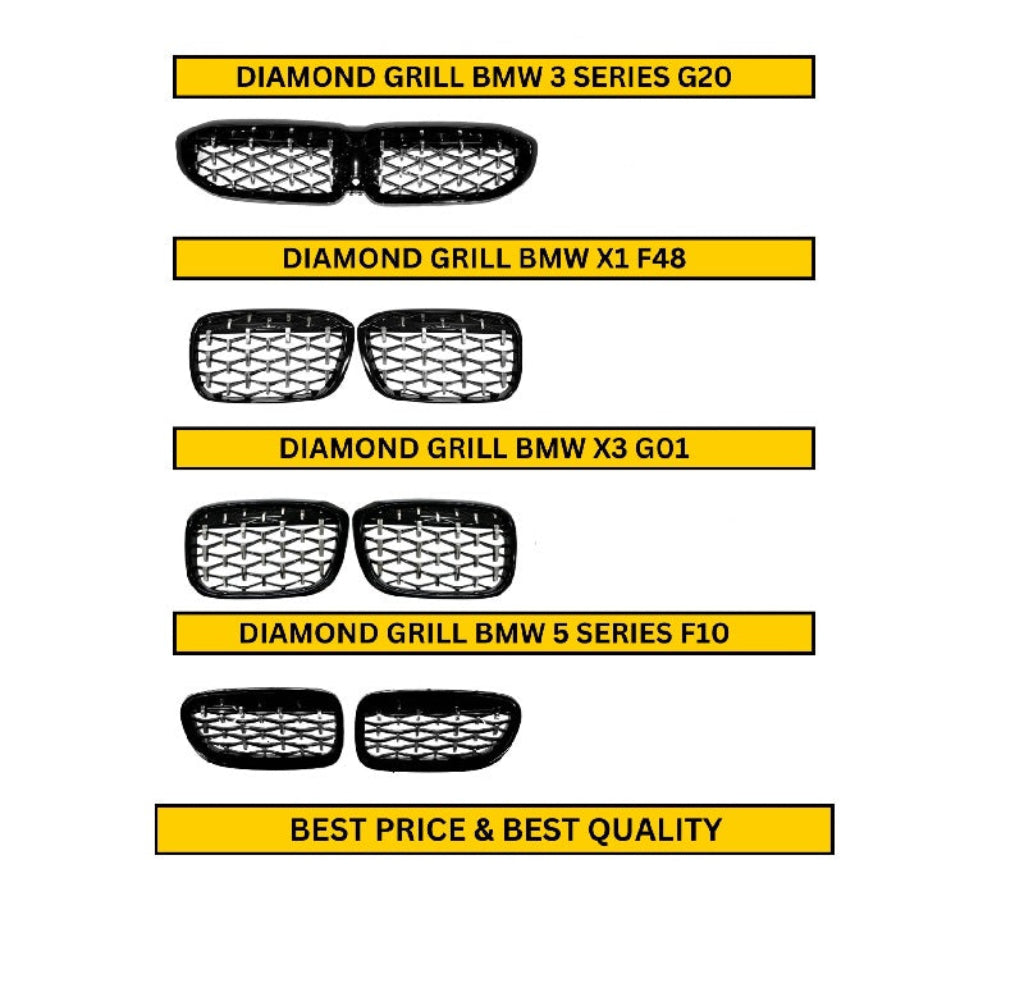 Diamond grill designs for BMW models with product names and a promotional message on a white background.