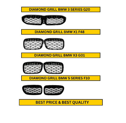 Diamond grill designs for BMW models with product names and a promotional message on a white background.