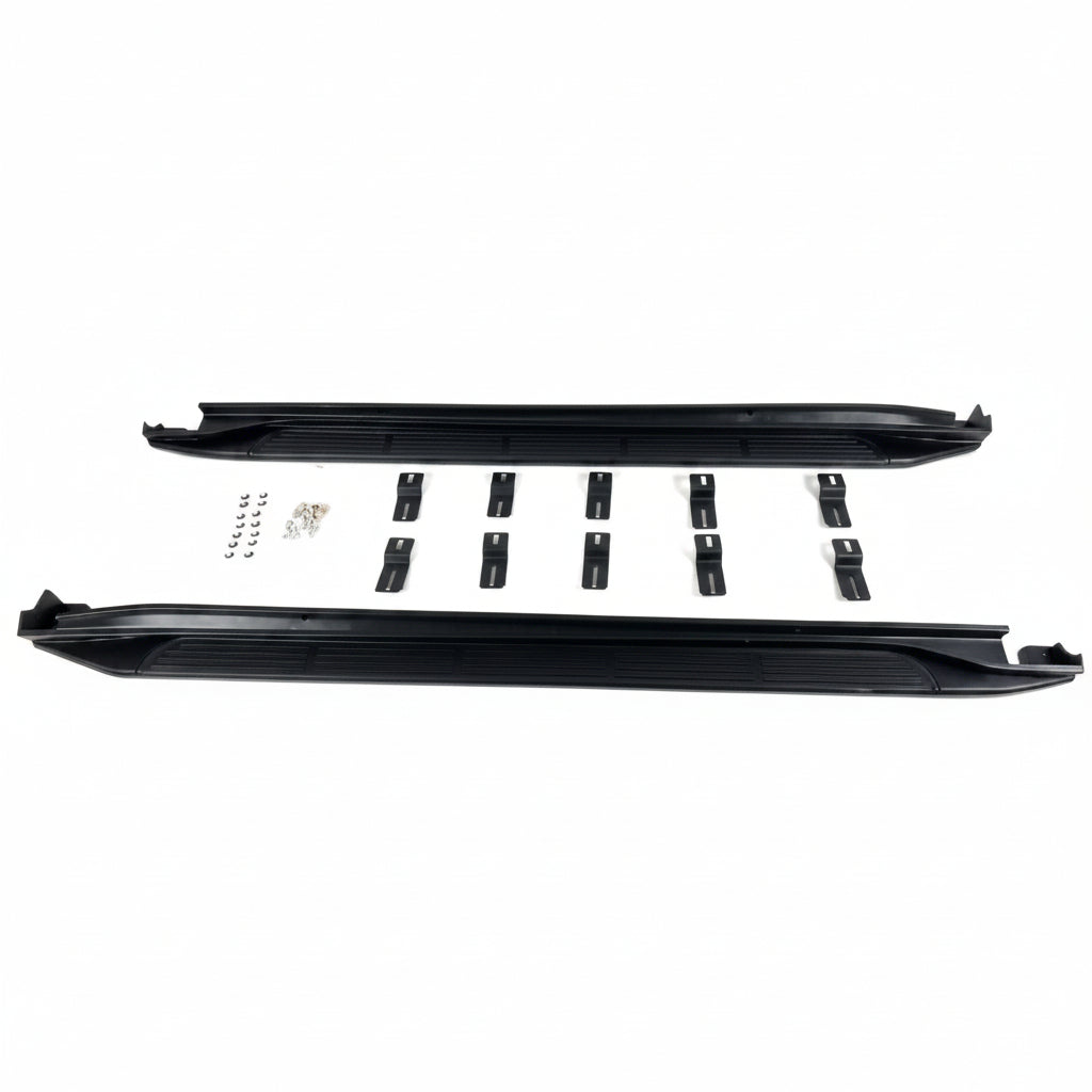 Black side steps for a car with mounting brackets on a white background
