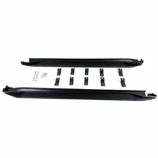 Black side steps for a car with mounting brackets on a white background