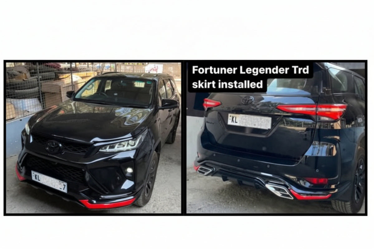 Black car with Fortuner Legender Trd skirt installed, showing front and rear views.