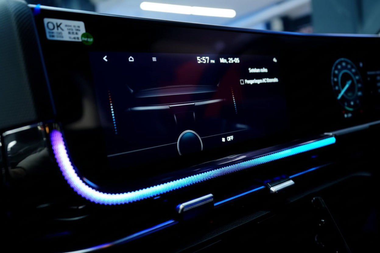 Car dashboard with digital display and blue LED strip