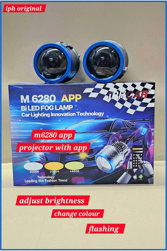 Bi LED fog lamp with packaging and text on a beige background