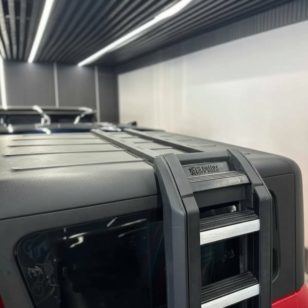 Car roof rack system on a vehicle in a showroom setting