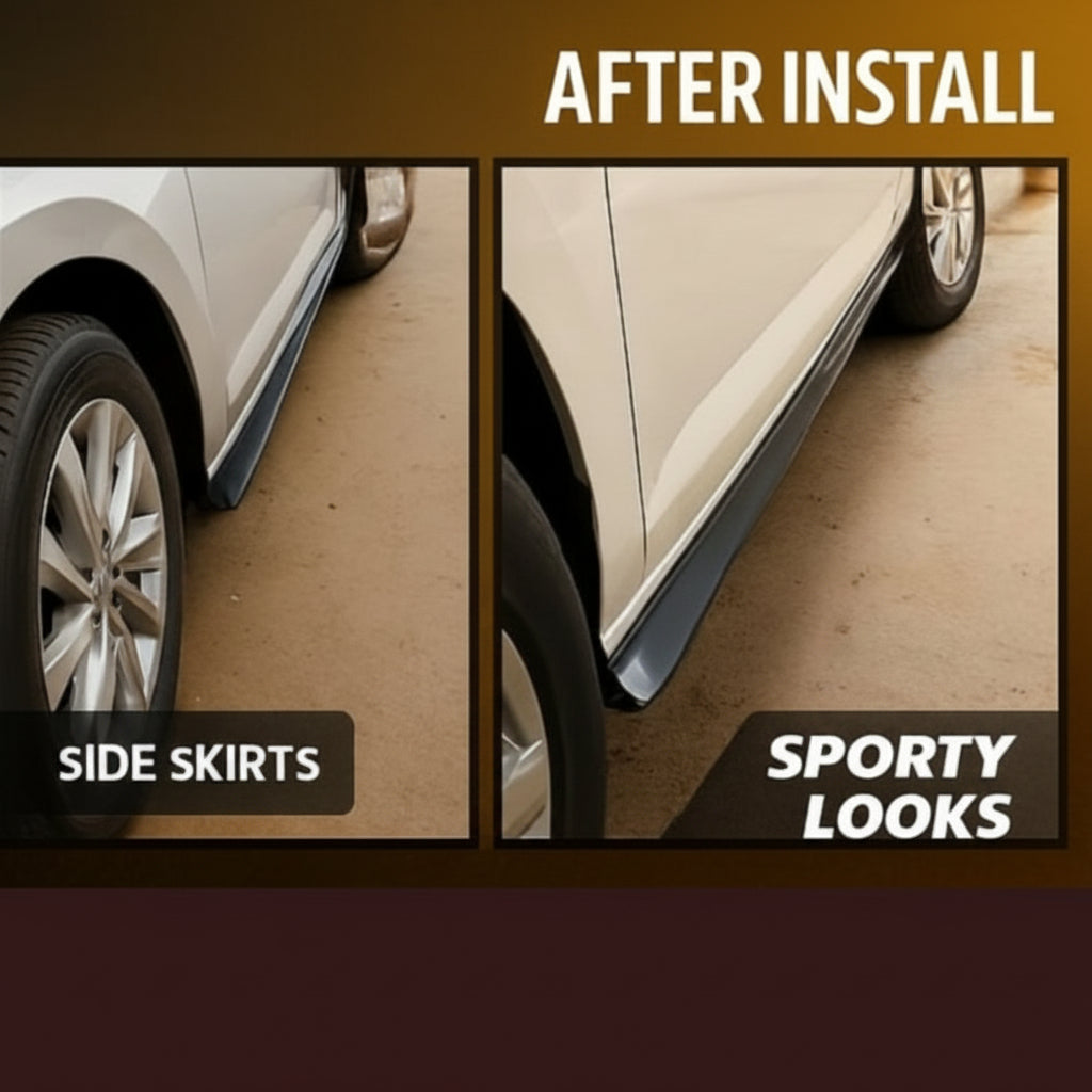 Before and after comparison of car side skirts with a 'Sporty Looks' effect.