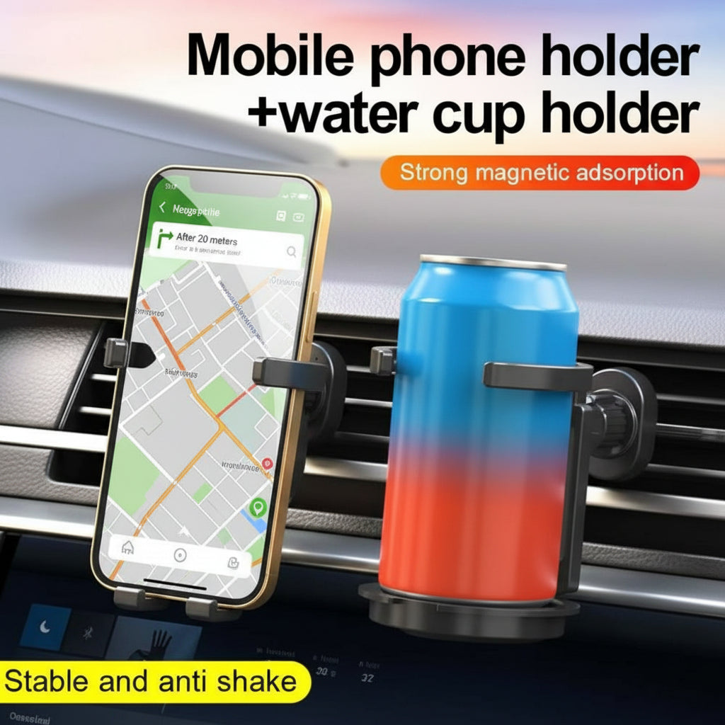 Car phone holder and cup holder with strong magnetic adsorption, showing a phone and a can on a car dashboard.