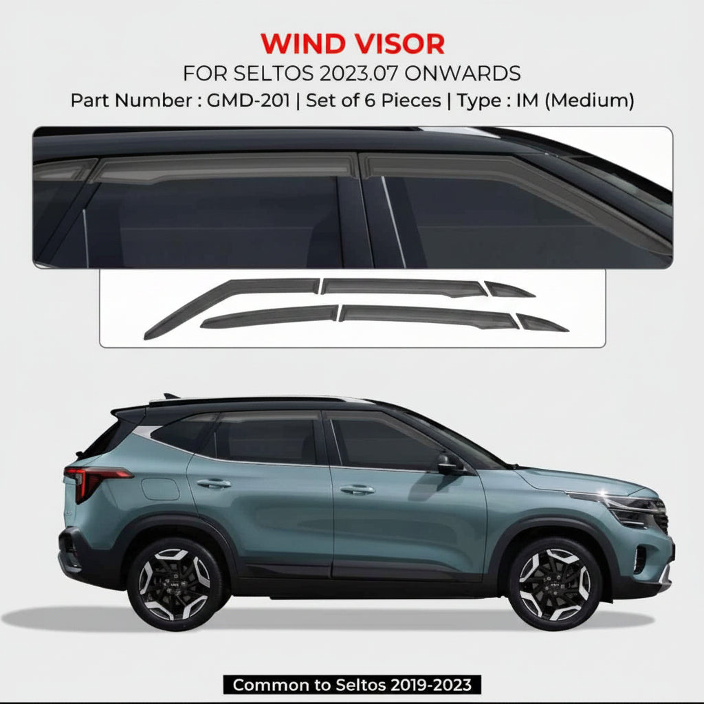 Wind visor set for Kia Seltos 2023 onwards with car model shown below.