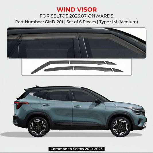 Wind visor set for Kia Seltos 2023 onwards with car model shown below.