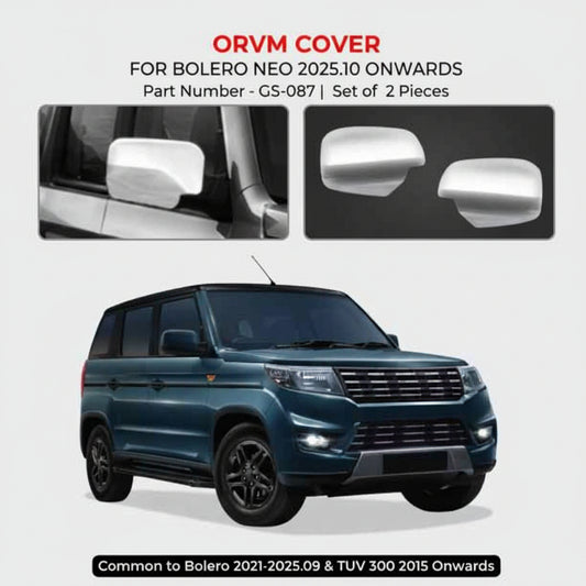 Advertisement for ORVM cover set for Mahindra Bolero and TUV 300 vehicles, showing car and mirror covers.