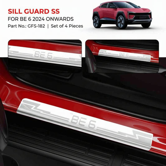 Sill guard for a red vehicle with 'BE 6' branding, set of 4 pieces, on a white background.