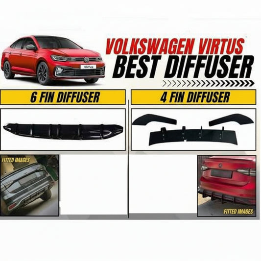 Comparison of 6 fin and 4 fin diffusers for Volkswagen Virtus with a red car and text overlay.