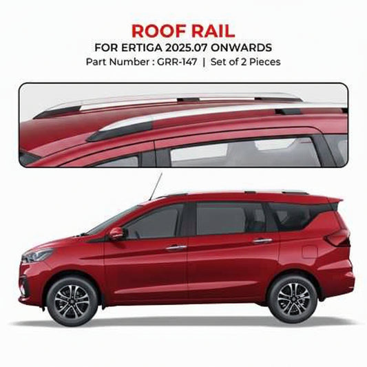 Red car with roof rail system on a white background, featuring text about part number and compatibility.