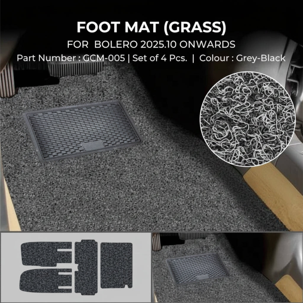 Car foot mat with grass pattern for Bolero 2025:10 onwards, showing texture detail and set layout.