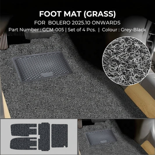 Car foot mat with grass pattern for Bolero 2025:10 onwards, showing texture detail and set layout.
