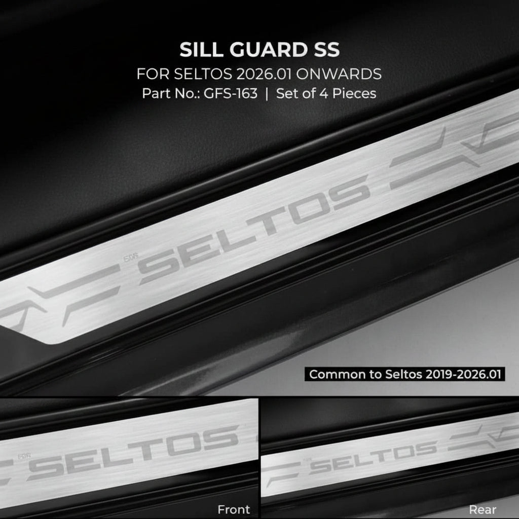 Sill guard SS for Seltos 2026.01 onwards with branding and product details.