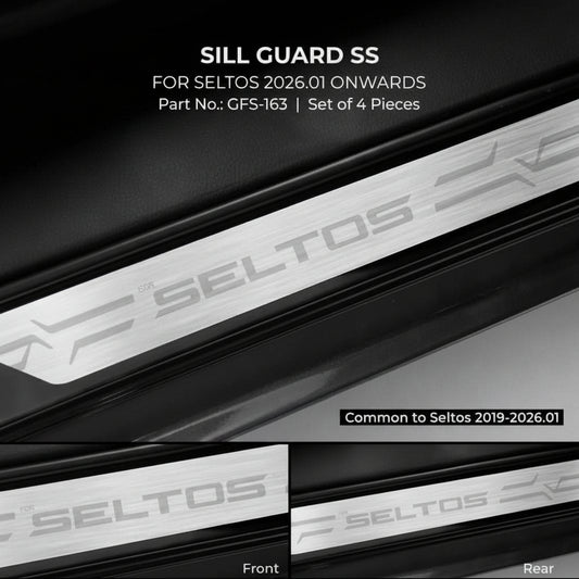 Sill guard SS for Seltos 2026.01 onwards with branding and product details.
