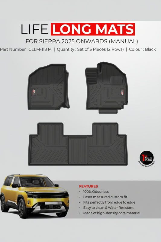 Car floor mats for Sierra manual 2025 onwards, with product details on a white background