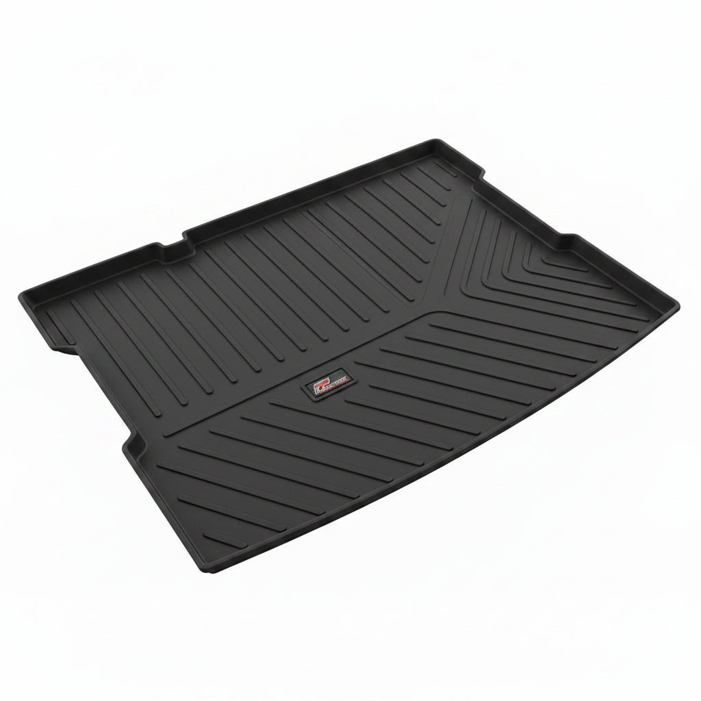 Black car trunk mat for Tata Sierra with a GFX brand logo on a white background