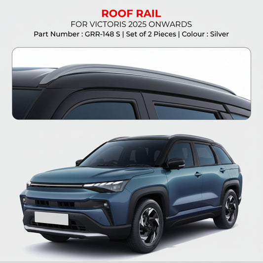 Advertisement for roof rail system for Victoris 2025 onwards with car image and product details.