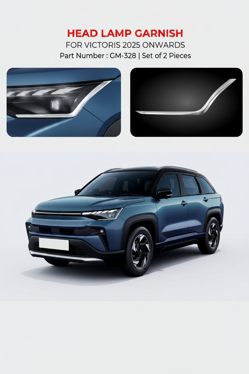 Advertisement for headlamp garnish set for Victoris 2025 onwards with car and product images.