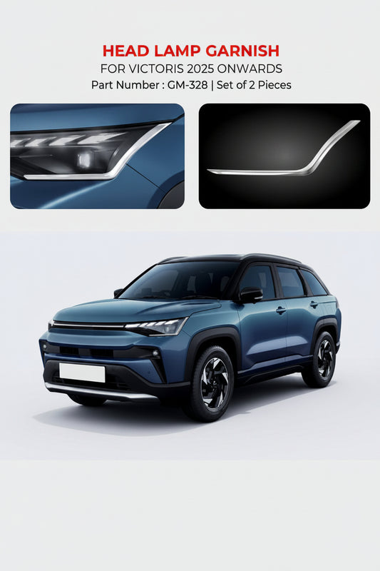 Advertisement for headlamp garnish set for Victoris 2025 onwards with car and product images.