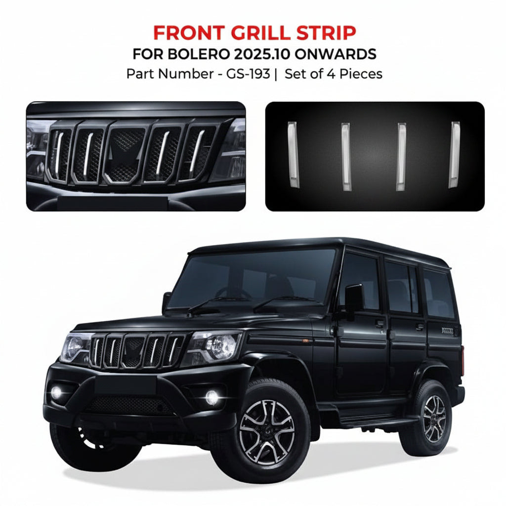 Bolero front grill garnish in chrome displayed with the car image on a white background.