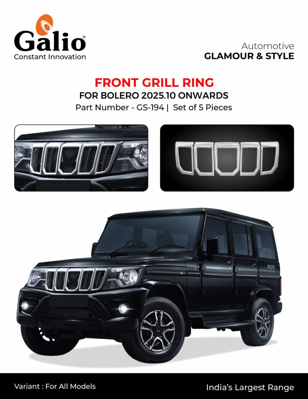 Promotional graphic for a Galio-branded front grill ring accessory set, showing the text 'FRONT GRILL RING FOR BOLERO 2025.10 ONWARDS', two close-up inset views of the grill rings, and a black Mahindra Bolero SUV on a white background.