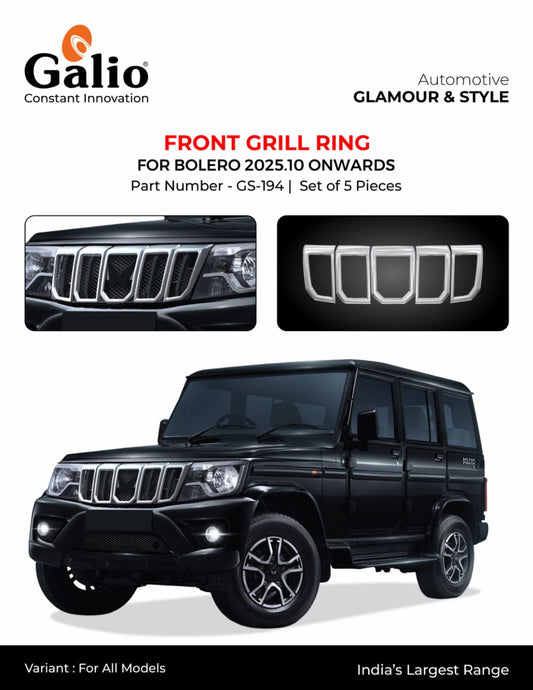 Promotional graphic for a Galio-branded front grill ring accessory set, showing the text 'FRONT GRILL RING FOR BOLERO 2025.10 ONWARDS', two close-up inset views of the grill rings, and a black Mahindra Bolero SUV on a white background.