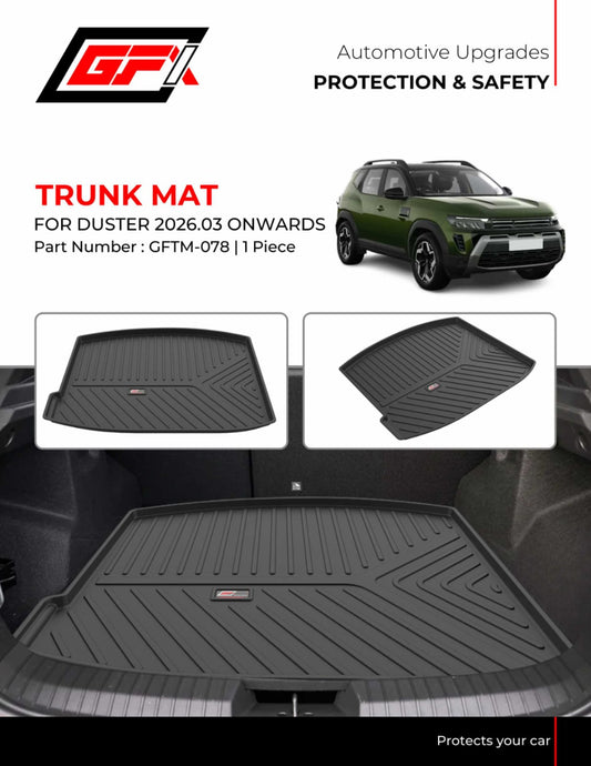 GFX brand trunk mat for a Duster 2026.03 onwards, shown installed in a car trunk with two inset product views and a small vehicle reference photo on a white promotional layout.