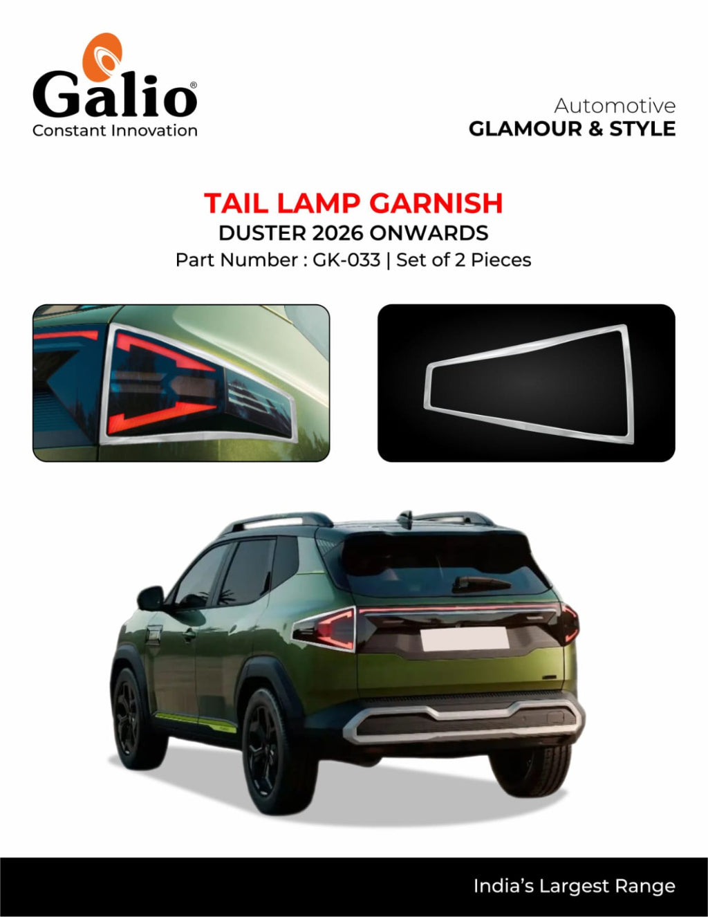 Galio tail lamp garnish product graphic for duster 2026 onwards, showing the brand logo, product text, two inset images of the lamp and garnish piece, and a green SUV rear view on a white background.