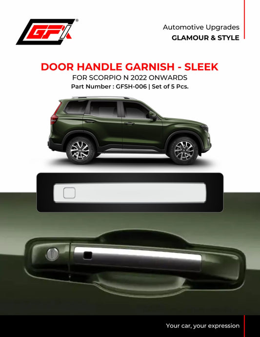 Automotive door handle garnish kit for a Toyota Scorpion N, featuring a sleek black rectangular handle cover and a silver-finished handle insert, shown with a green SUV and product specifications.