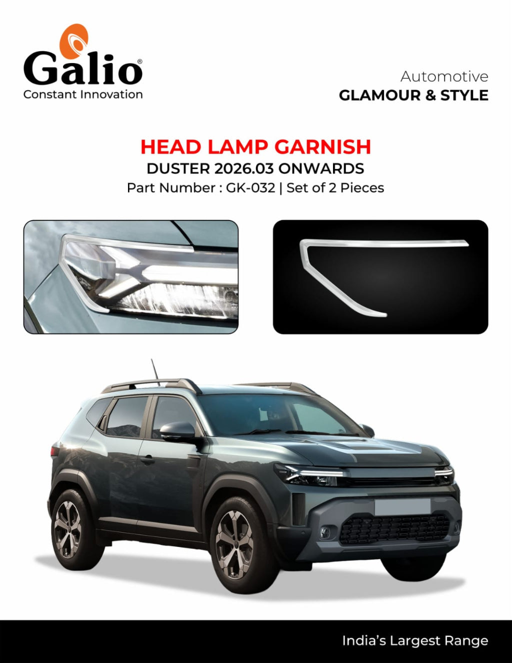 Galio head lamp garnish product graphic for a dark gray SUV, showing the product name, part number, two inset close-ups of the lamp area, and the car on a white background.