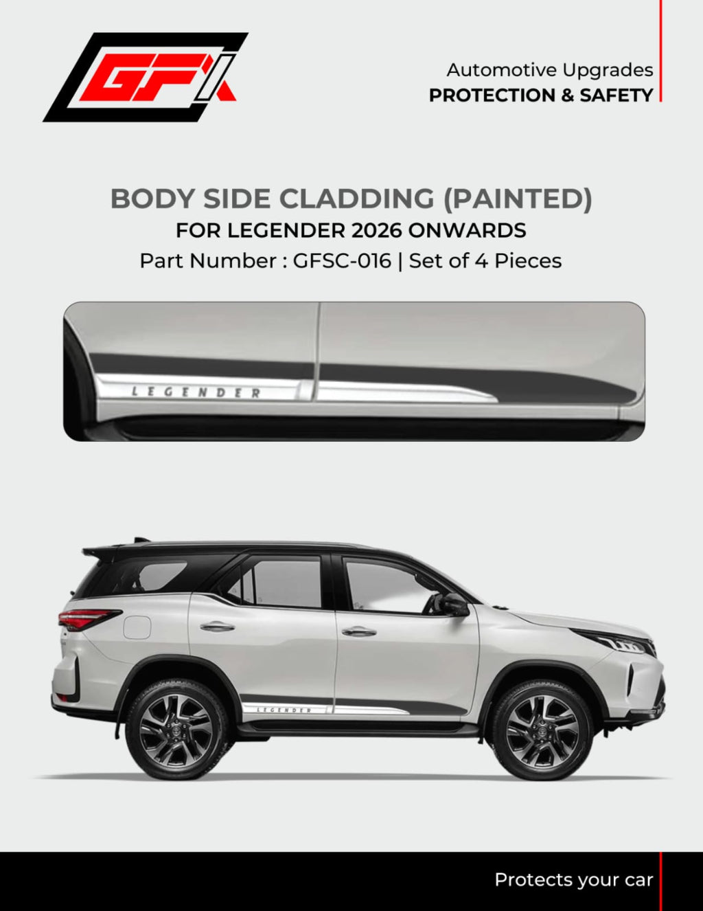 Product information graphic for GF1 body side cladding designed for Legender 2026 onwards, showing the silver and black protective striping and a side view of a silver SUV.