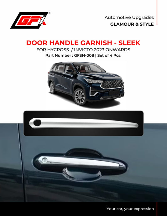 A product listing graphic for a chrome door handle garnish set. The top half features the GFL brand logo and text reading 'DOOR HANDLE GARNISH - SLEEK' with a dark SUV illustration and part number.