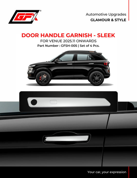 Promotional graphic for a chrome automotive door handle garnish called 'Sleek' by GFX, showing a black SUV and a close-up of the installed handle cover on a car door.