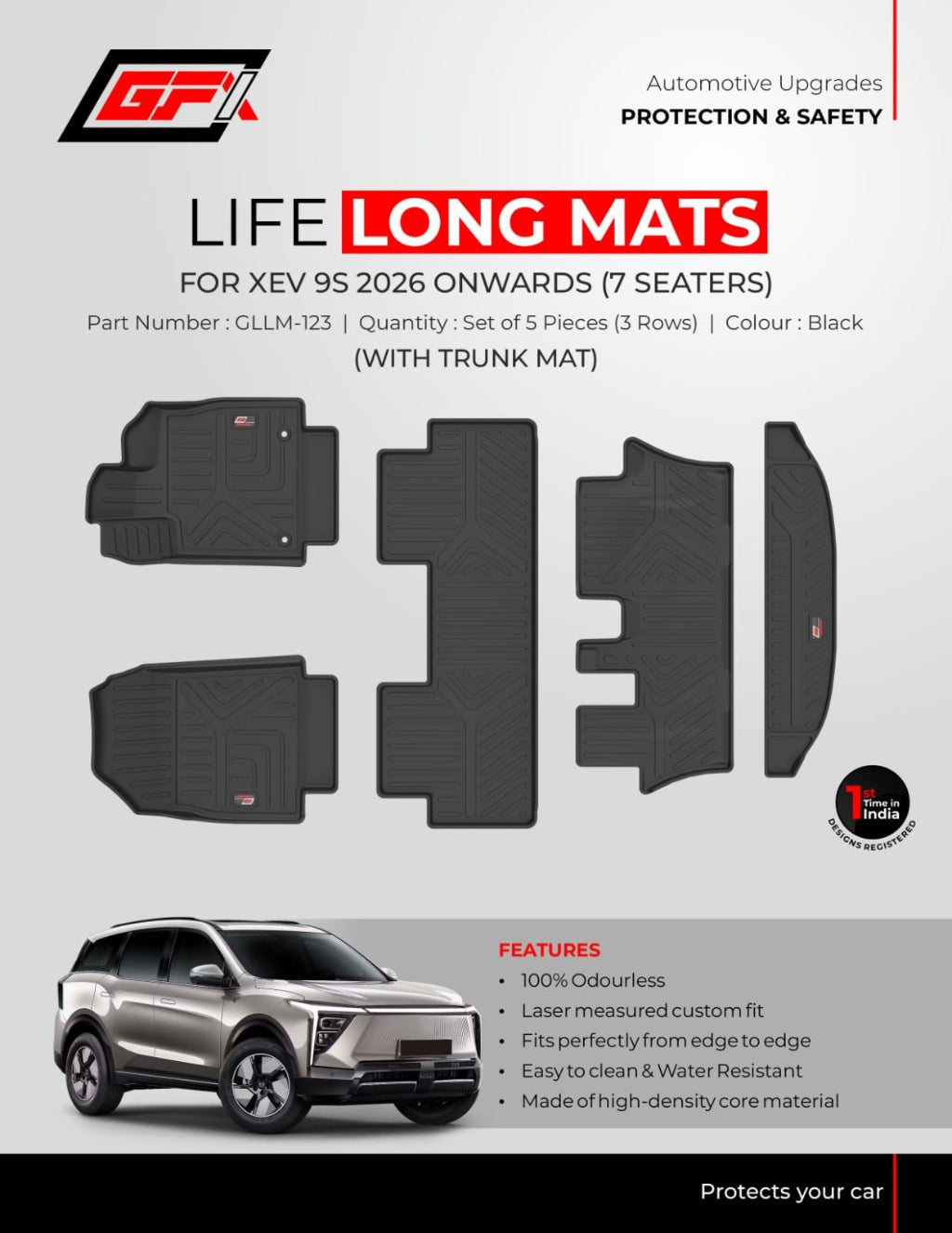 A set of black custom-fit automotive floor mats for a Mahindra 9s EV (7-seat, 2026 onwards), shown as a 5-piece set with a trunk mat. The image features the GFI brand logo, product specifications, a small silver Lexus SUV for scale, and feature highlights on a light gray background.