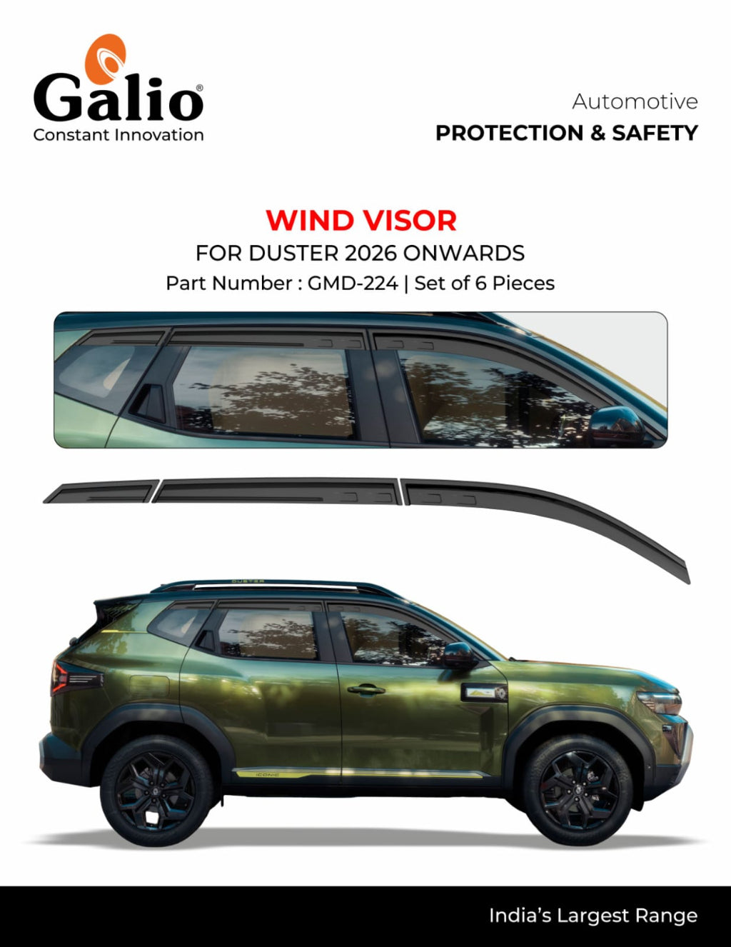 Galio wind visor set for duster SUVs, showing the product as a set of six black vinyl window visors, with a side view of an olive green SUV demonstrating their installation.