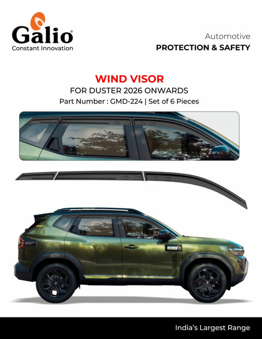 Galio wind visor set for duster SUVs, showing the product as a set of six black vinyl window visors, with a side view of an olive green SUV demonstrating their installation.
