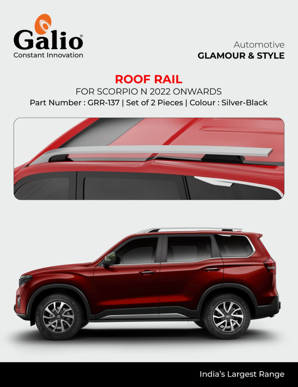 Advertisement for Galio roof rail system for Scorpio N 2022 onwards, showing product and vehicle on a white background.