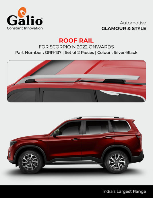 Advertisement for Galio roof rail system for Scorpio N 2022 onwards, showing product and vehicle on a white background.