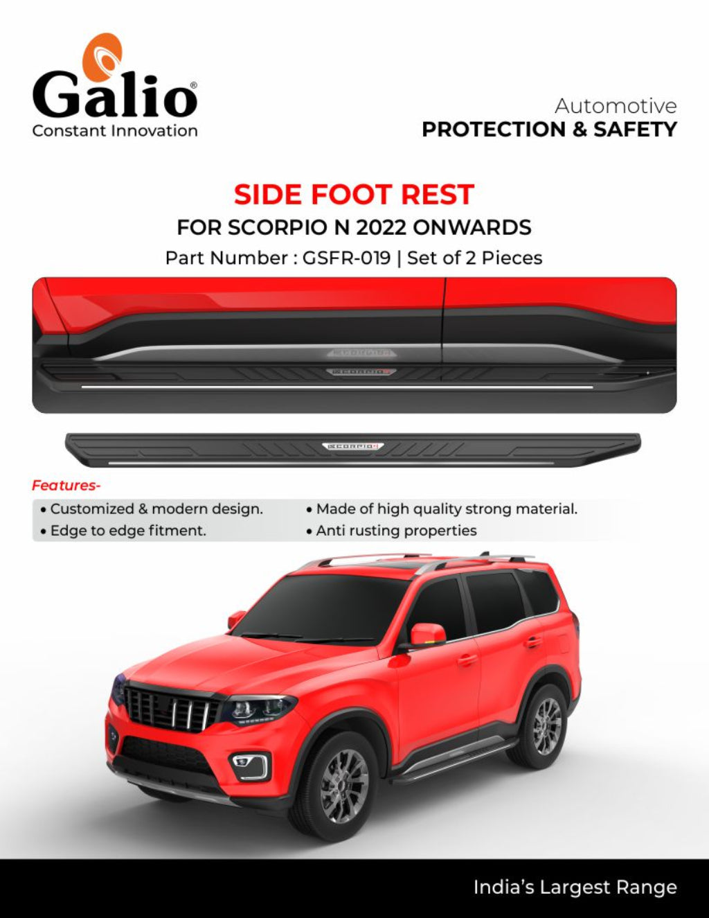Advertisement for Galio automotive side foot rest for Scorpio N 2022 onwards with product details and features.