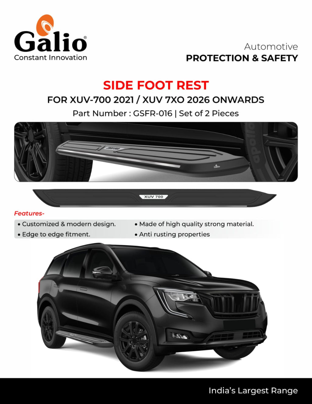 Advertisement for Galio automotive side foot rest for XUV 700 vehicles, showing product details and a car image.
