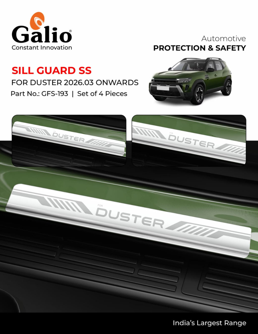 Car sill guard product with Galio branding and car model Duster displayed.