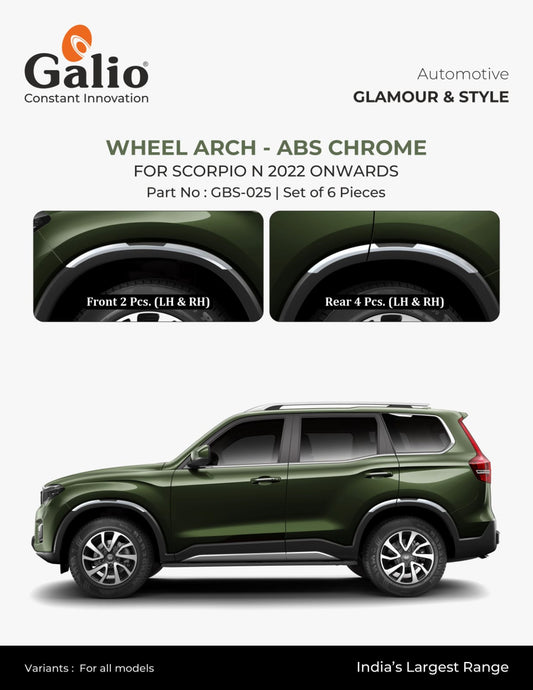 Advertisement for Galio wheel arch ABS chrome for Scorpio N 2022 onwards on a white background.
