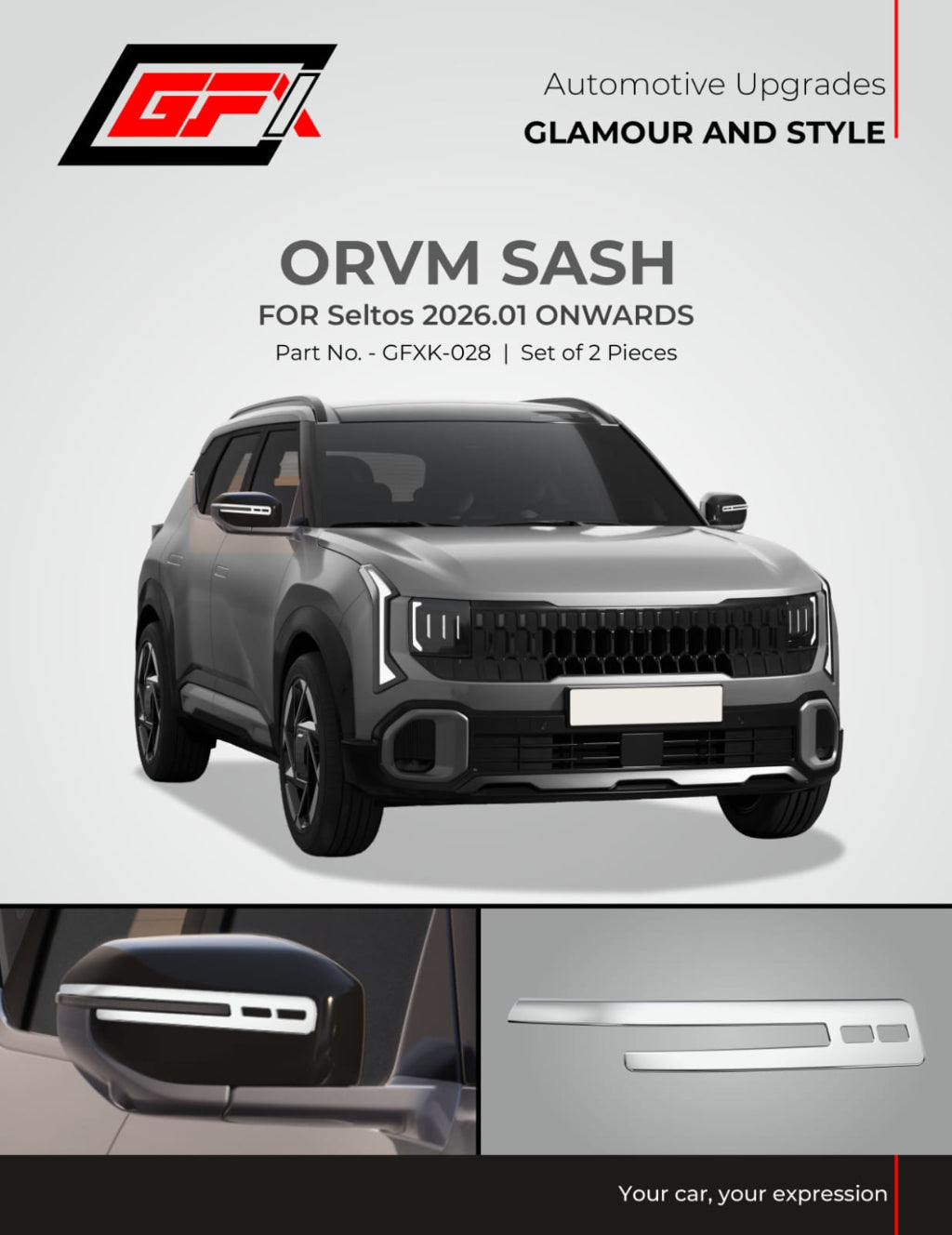 Advertisement for automotive upgrades with a car and ORVM sash product on a gray background