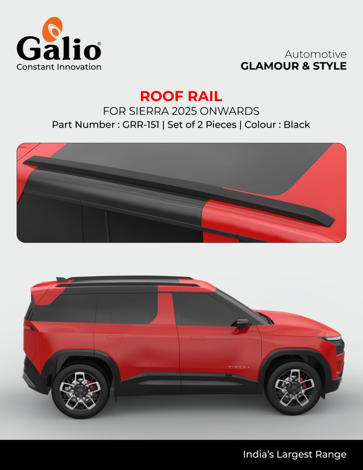 Advertisement for Galio roof rail for Sierra 2025 onwards with product details.