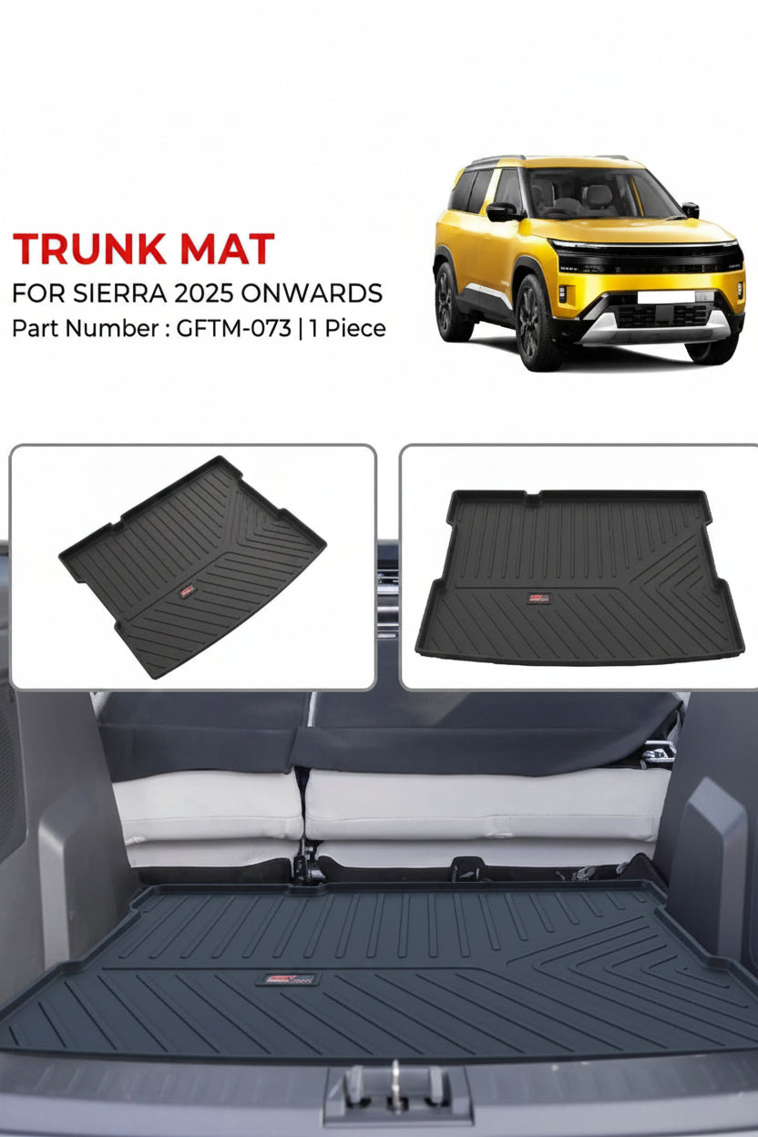 Trunk mat for Tata Sierra 2025 onwards with car and mat images.