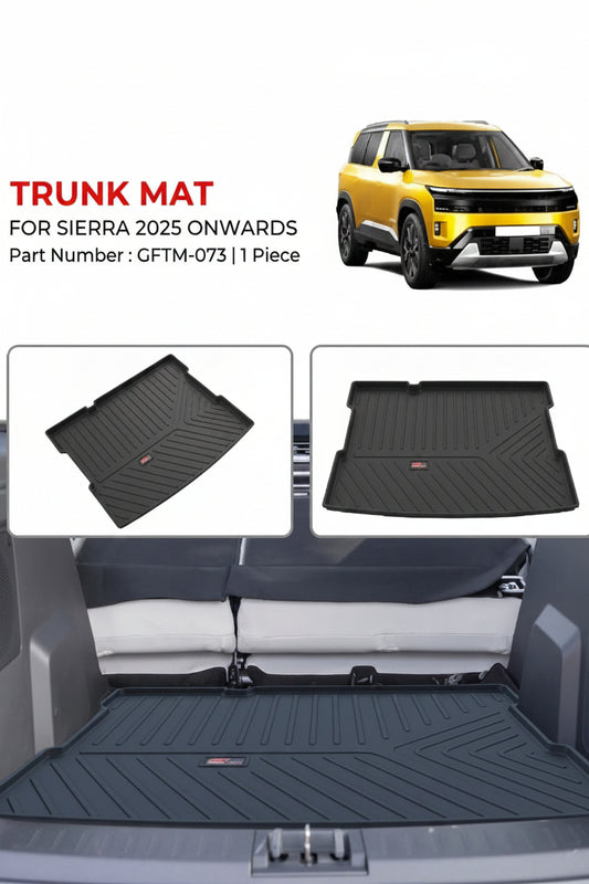 Trunk mat for Tata Sierra 2025 onwards with car and mat images.