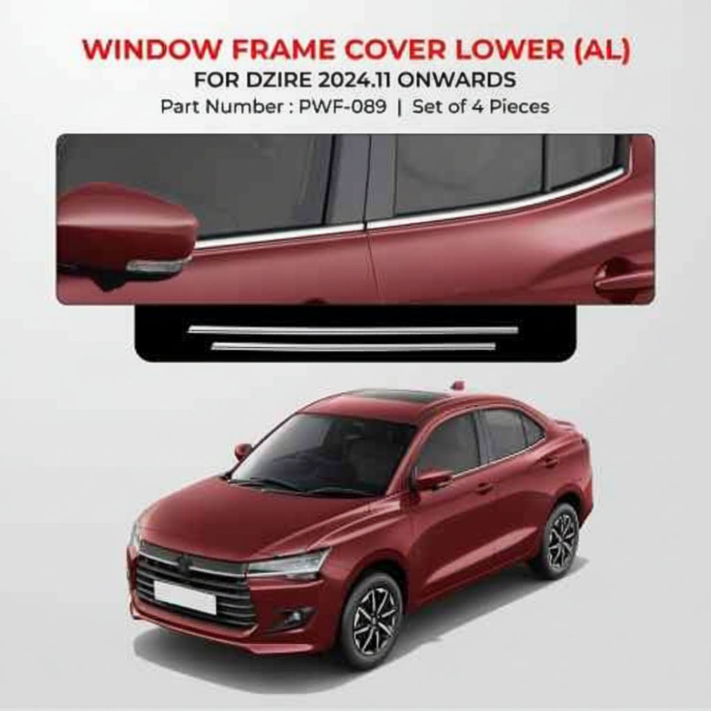 Car window frame cover lower part for Dzire 2024.11 onwards with car model shown below.